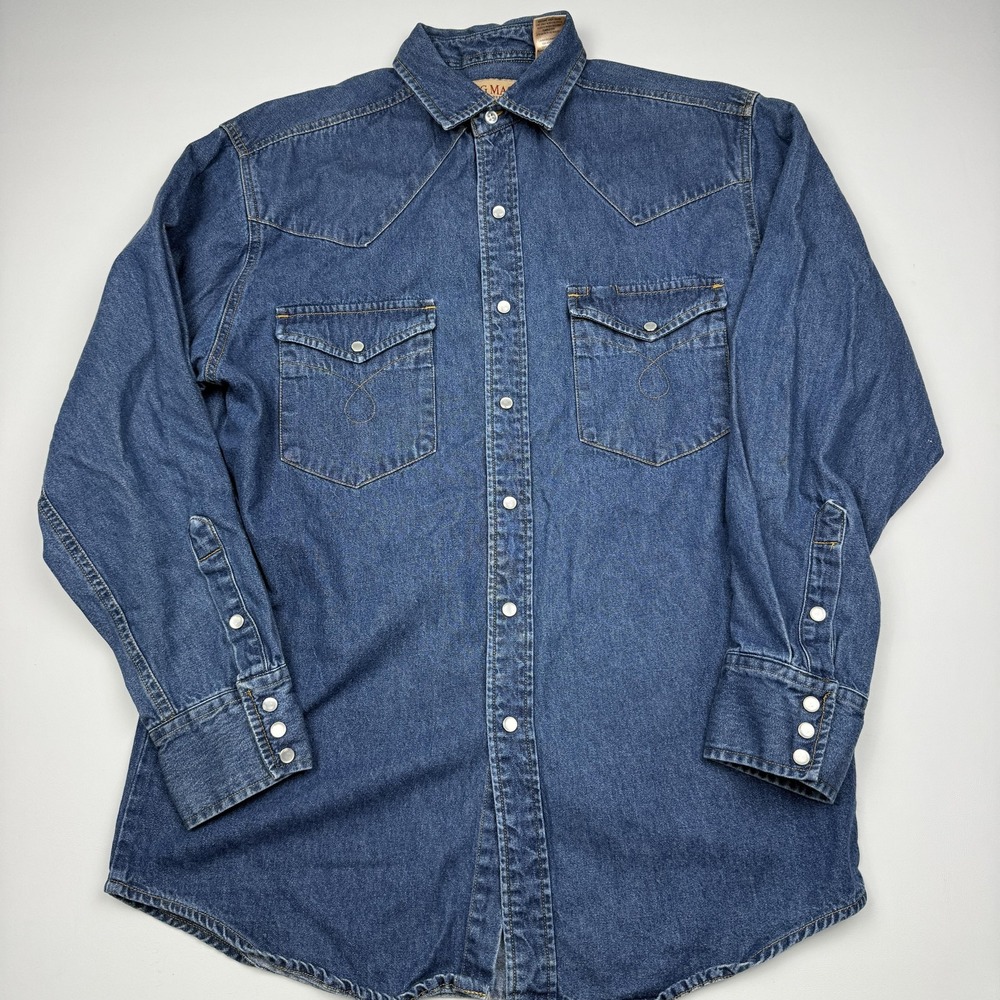 Vintage Big Mac Shirt Mens Medium Blue Denim Western Long Sleeve Pearl Snap